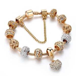 Luxurious Gold-Plated Crystal Bead Attraction Bracelet with Coronary heart-Formed Diamond Inlay for Ladies